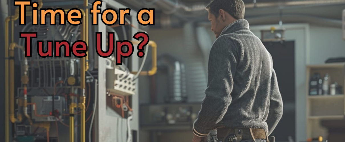 Repair man looking at a furnace in home basement